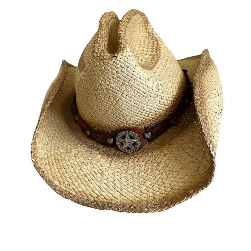 (SOLD) BULLHIDE Tan Woven Straw Western Cowboy Hat L - Picture 4 of 15